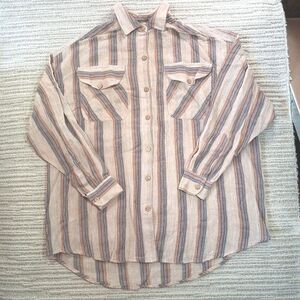 small vtg style new york brown striped textured oversized button up shirt women